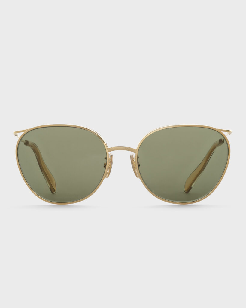 Luxury round sunglasses with thin gold metal frames, olive green lenses, and acetate temple tips, shot straight-on for e-commerce on a light grey background.
